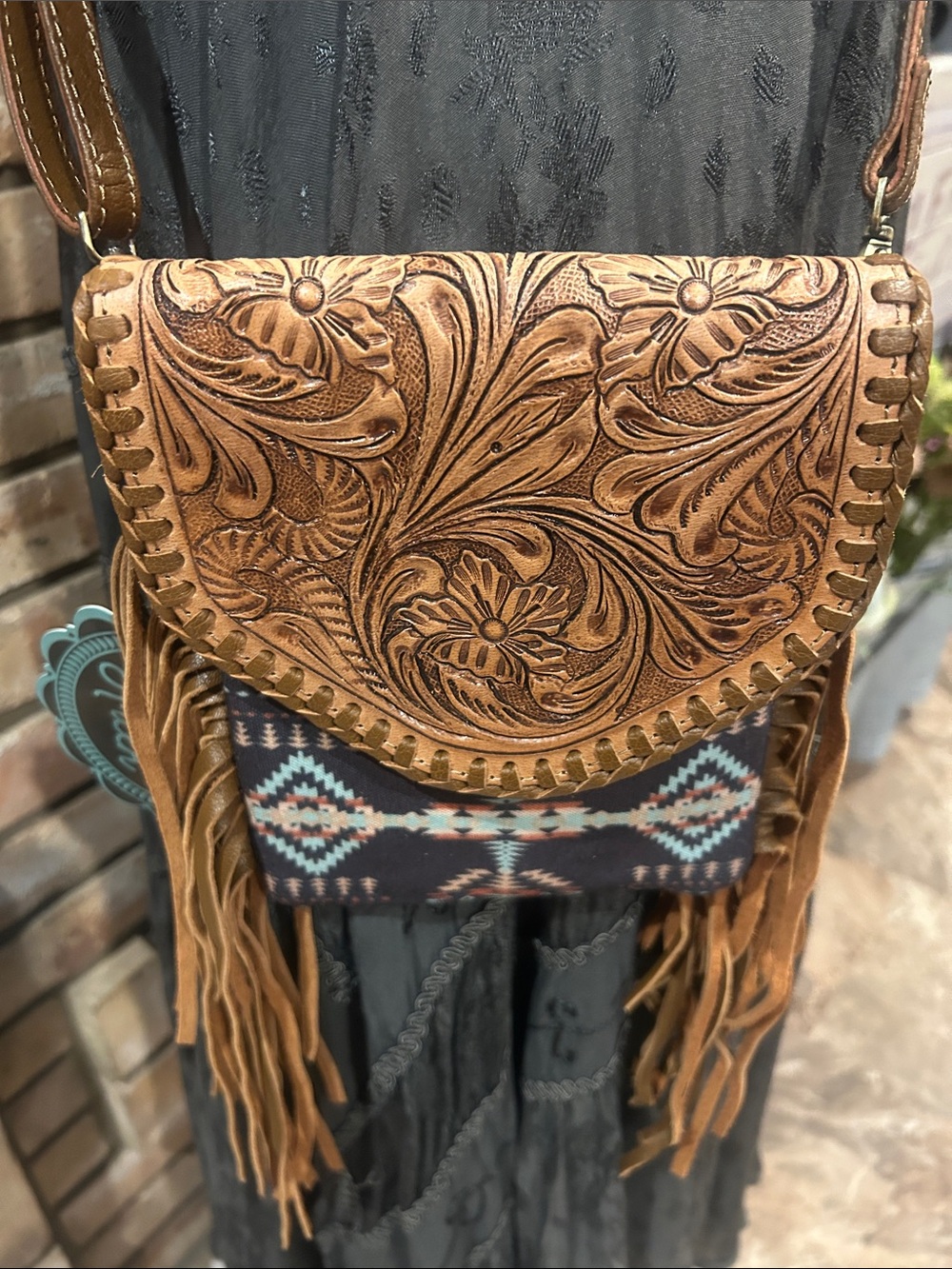 NWT western Hand-Tooled Fringe Crossbody Bag